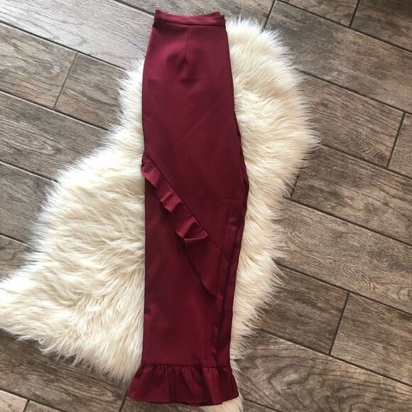 High Waisted Maroon Ruffle Cropped Pants - Picture 5 of 5